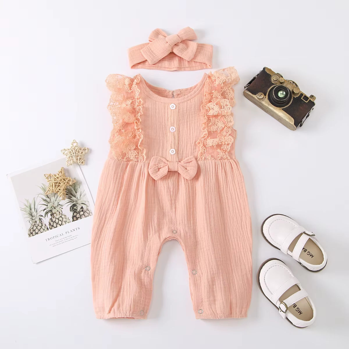 LunaLinen ā Baby Girl Cotton Romper & Headdress Set