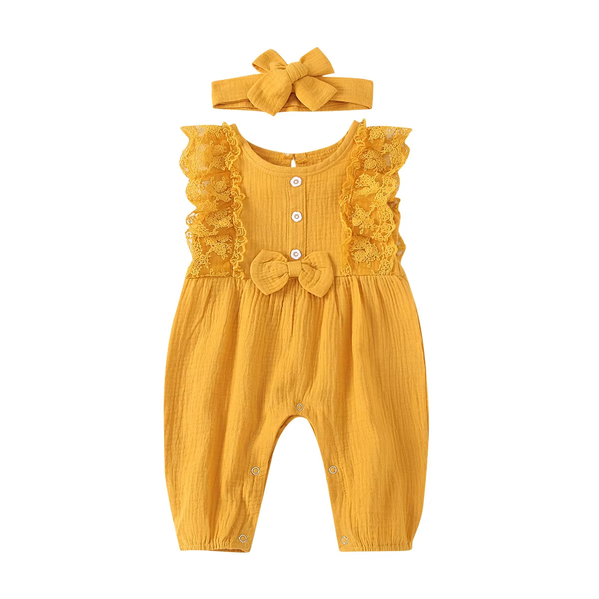 LunaLinen ā Baby Girl Cotton Romper & Headdress Set