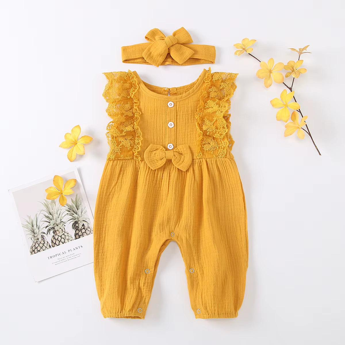 LunaLinen ā Baby Girl Cotton Romper & Headdress Set