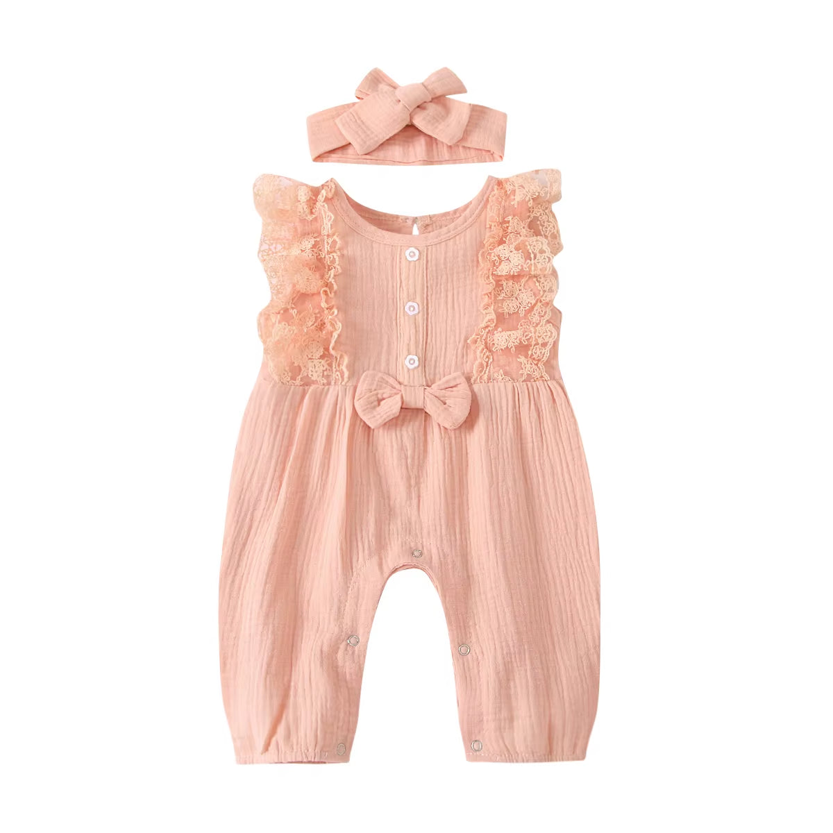 LunaLinen ā Baby Girl Cotton Romper & Headdress Set