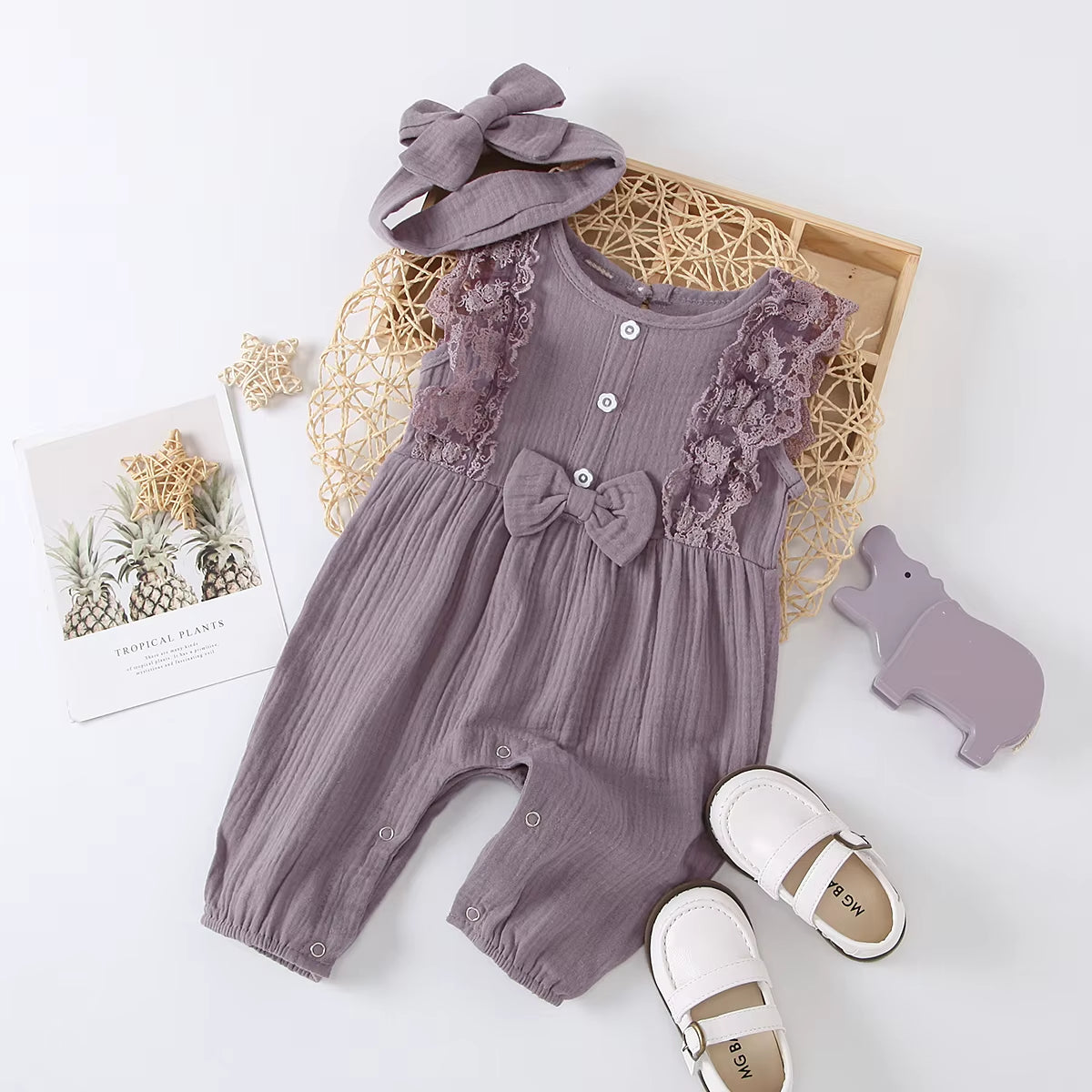 LunaLinen ā Baby Girl Cotton Romper & Headdress Set