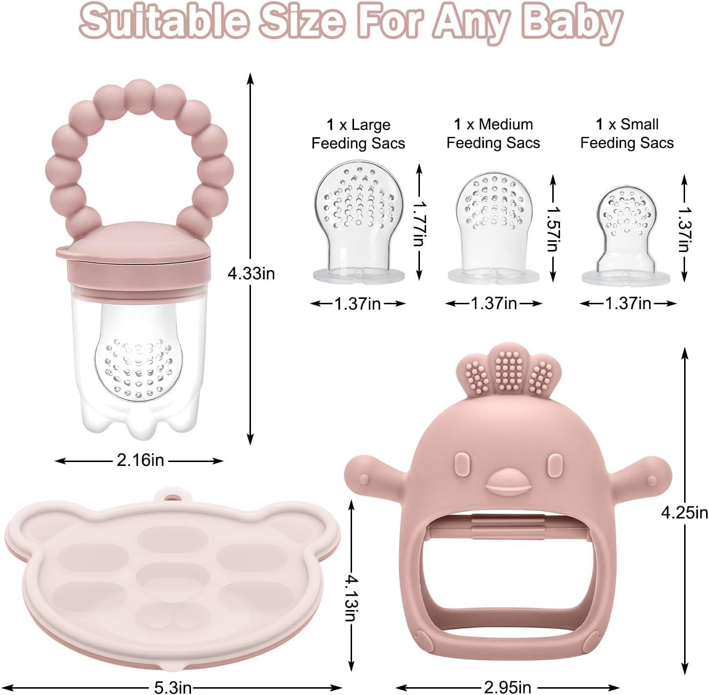 3 Pack Silicone Teething Mitten for Babies with Baby Fruit Food Feeder & Freezer Tray Set, BPA Free Infant Teething Relief Toy for 3 Month+, Additional Silicone Sacs