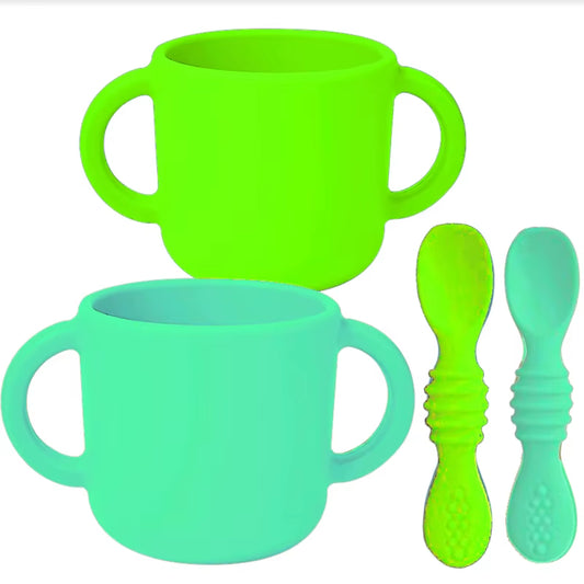 Silicone Baby Cup Spoon Set Portable Water Bottle with Double Handle Leakproof Baby Cups Feeding Liquid Baby Item Baby Tableware