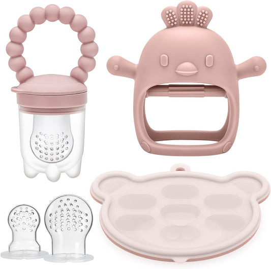 3 Pack Silicone Teething Mitten for Babies with Baby Fruit Food Feeder & Freezer Tray Set, BPA Free Infant Teething Relief Toy for 3 Month+, Additional Silicone Sacs