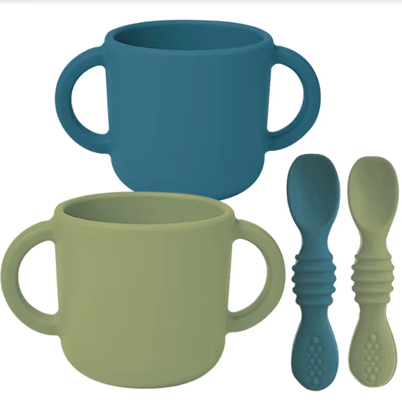Silicone Baby Cup Spoon Set Portable Water Bottle with Double Handle Leakproof Baby Cups Feeding Liquid Baby Item Baby Tableware