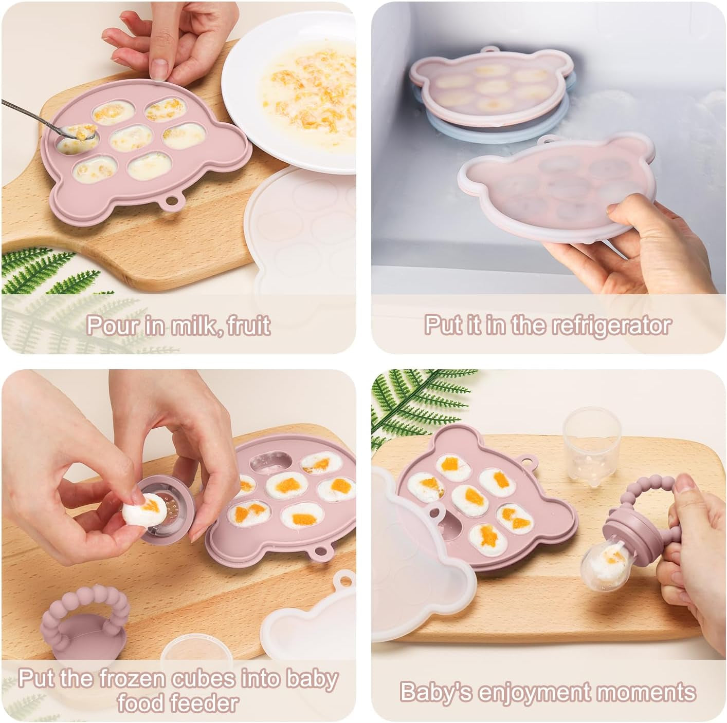 3 Pack Silicone Teething Mitten for Babies with Baby Fruit Food Feeder & Freezer Tray Set, BPA Free Infant Teething Relief Toy for 3 Month+, Additional Silicone Sacs
