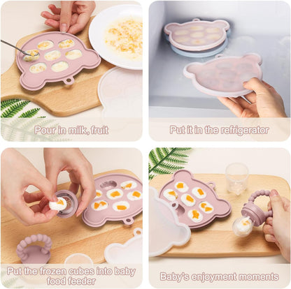 3 Pack Silicone Teething Mitten for Babies with Baby Fruit Food Feeder & Freezer Tray Set, BPA Free Infant Teething Relief Toy for 3 Month+, Additional Silicone Sacs