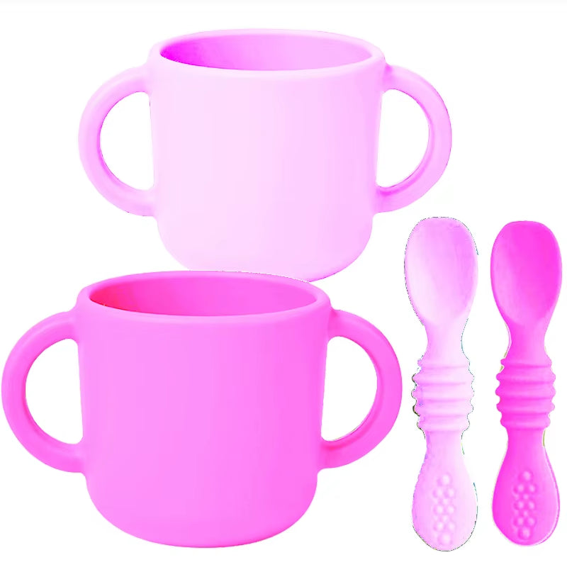 Silicone Baby Cup Spoon Set Portable Water Bottle with Double Handle Leakproof Baby Cups Feeding Liquid Baby Item Baby Tableware