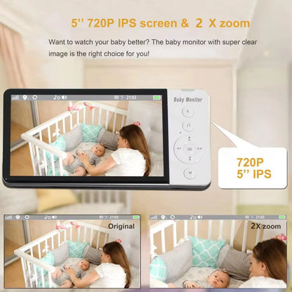 ABM700 Baby Monitor 5.0Inch 5000Mah Battery with PTZ Wireless Video Camera 2-Way Audio VOX Lullaby Night Vision Babysitter