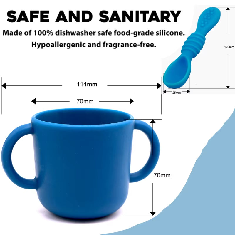 Silicone Baby Cup Spoon Set Portable Water Bottle with Double Handle Leakproof Baby Cups Feeding Liquid Baby Item Baby Tableware